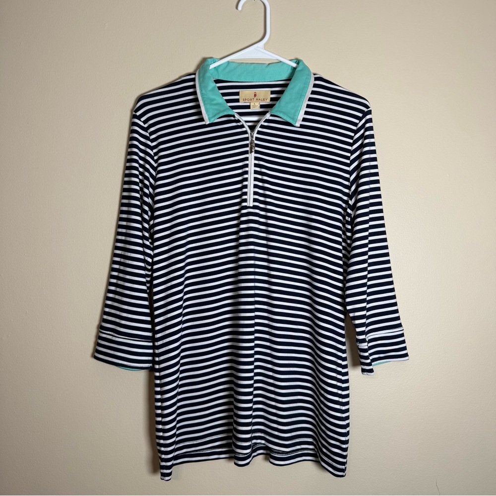 Sport Haley Women’s Striped 3/4 Polo Golf Shirt Aqua Collar Large Summer
